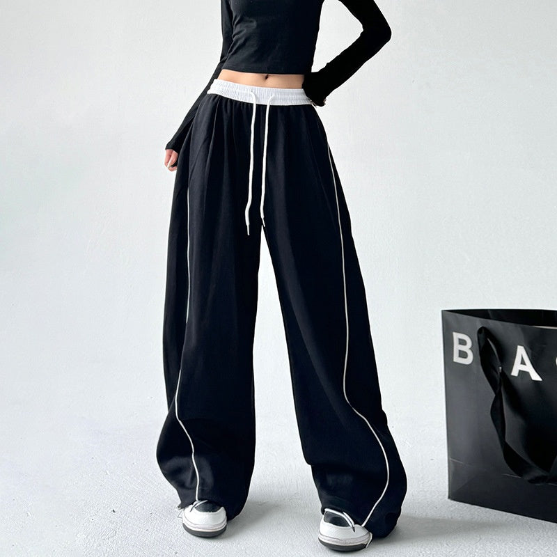 Retro black sports drape wide leg pants