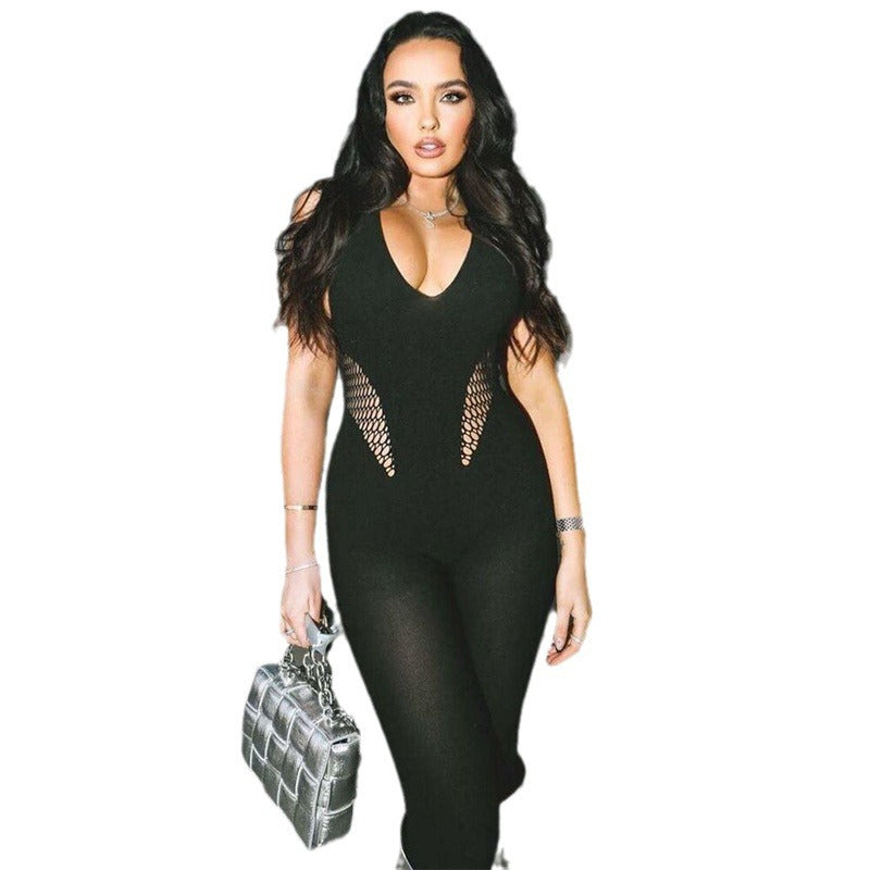 Low neck tight fitting sleeveless hanging neck high waist solid color yoga jumpsuit for women