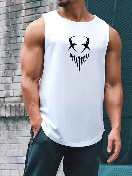 Devil Face Pattern Comfy Breathable Tank Top, Men's Casual Stretch Sleeveless T-shirt For Summer Gym Workout Training Basketball