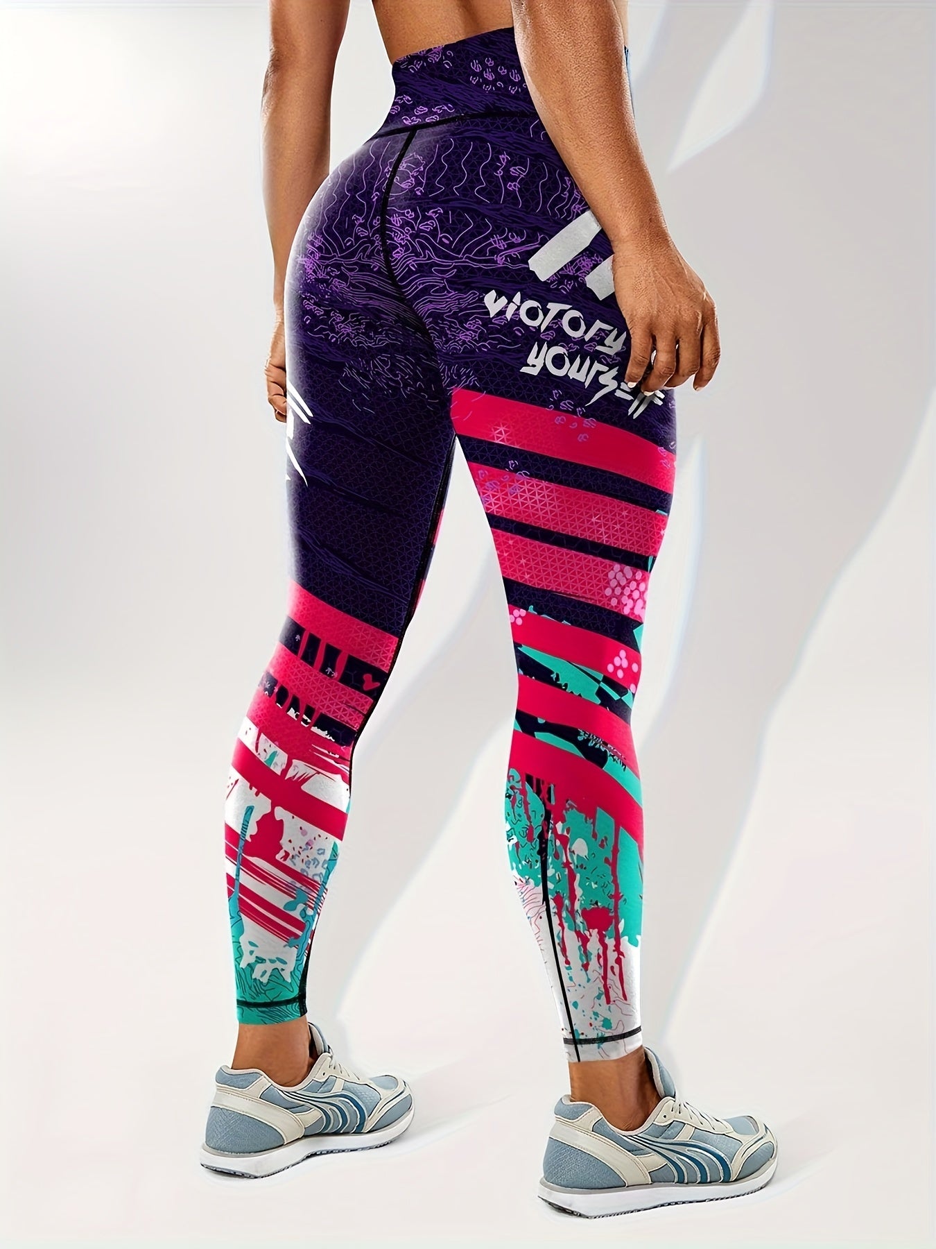 Women's Fashion Color Block Splash Print Yoga Pants, Striped Print Breathable Stretchy Butt Lifting Yoga Workout Running Sports Leggings, Women's Activewear