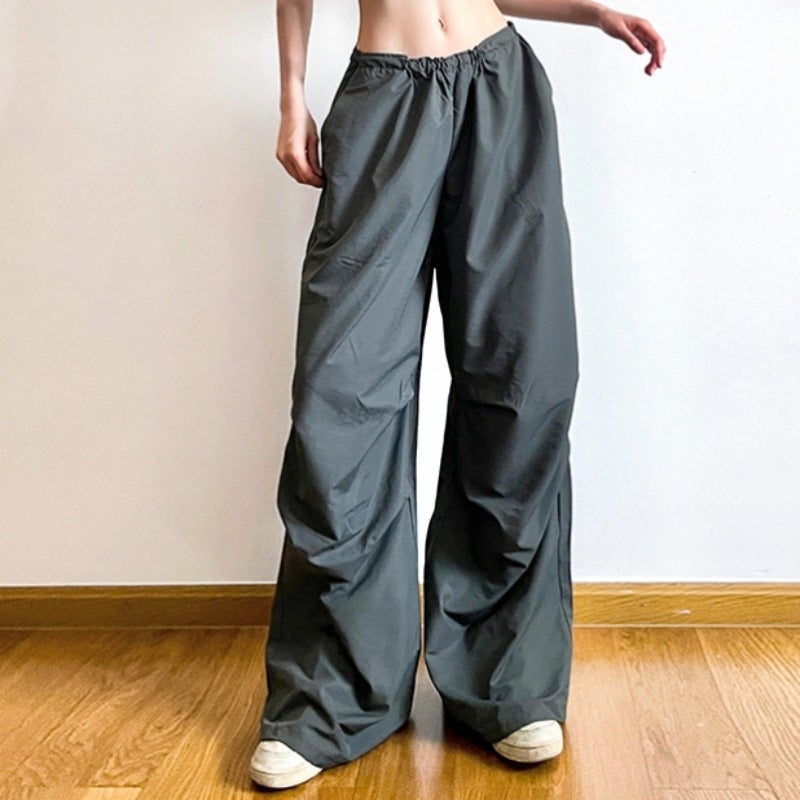 Street Retro Hip Hop Sports Casual Pants for Women Elastic High Waist Slim Fit Pockets Spliced Straight Leg Woven Trousers