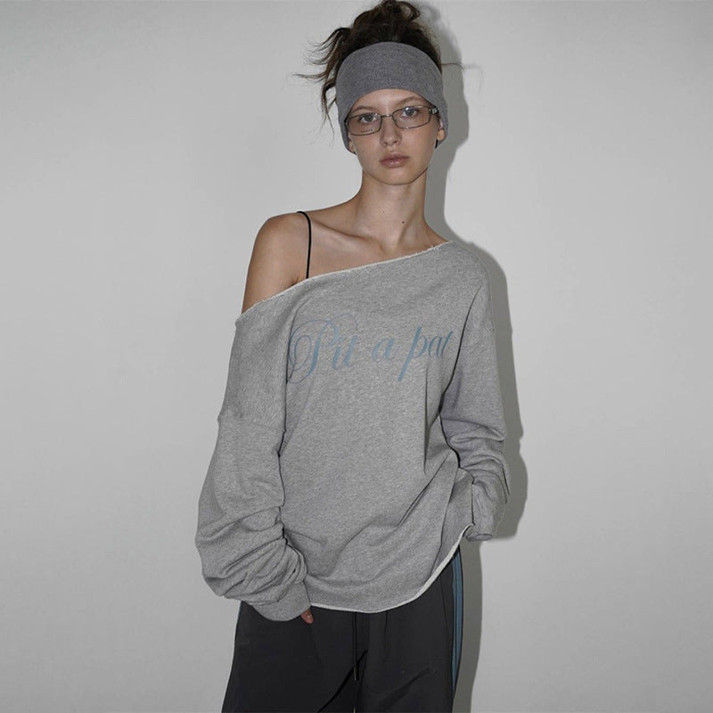 Sports Style Ins Retro Lazy Off-Shoulder Loose Casual Top Long Sleeve Versatile T-Shirt
