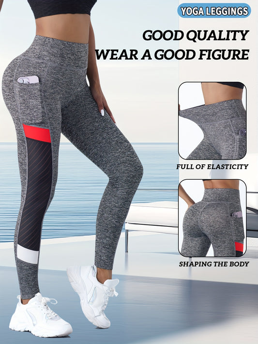 High Waist Pocketed Yoga Leggings, Polyester and Spandex Blend, Solid Color Sports Jegging with High Stretch, No Belt Design