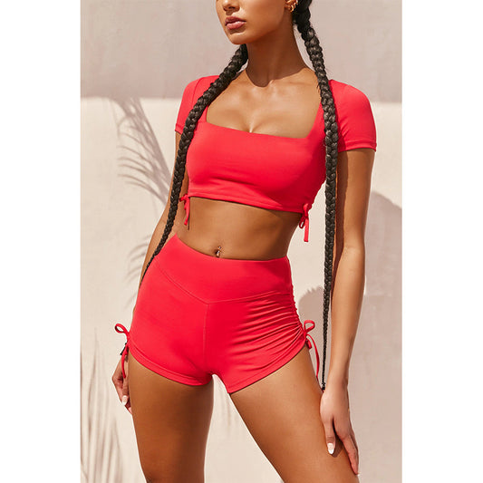 New Square Neck Open Back Sexy Tight Shorts Suit Sports Women's T-Shirt 2 Piece Set - GabyFit Goods