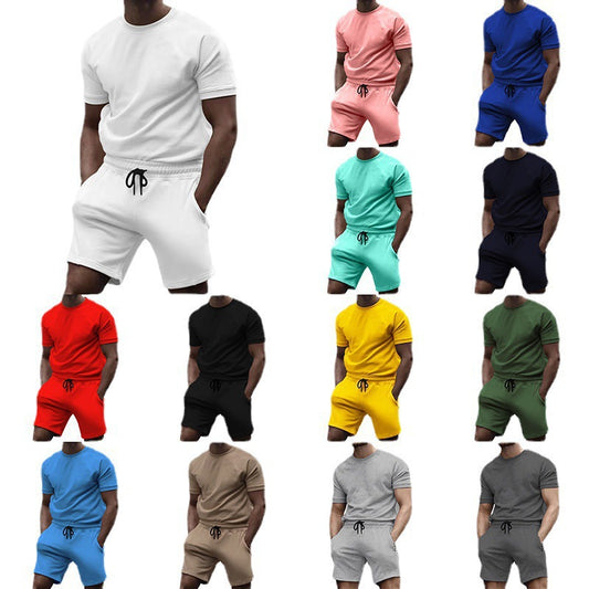 Summer men's short sleeved sports and leisure patchwork round neck fitness suit