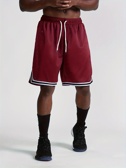 Men's Contrast Color Stripe Pattern Sports Shorts With Drawstring And Pockets, Lightweight And Breathable Shorts For Summer Basketball Running Training And Fitness Wear
