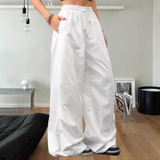 Drawstring Design Wide-Leg Sports Pants Women's Spring Straight Loose High-Waist Slim White Casual Pants