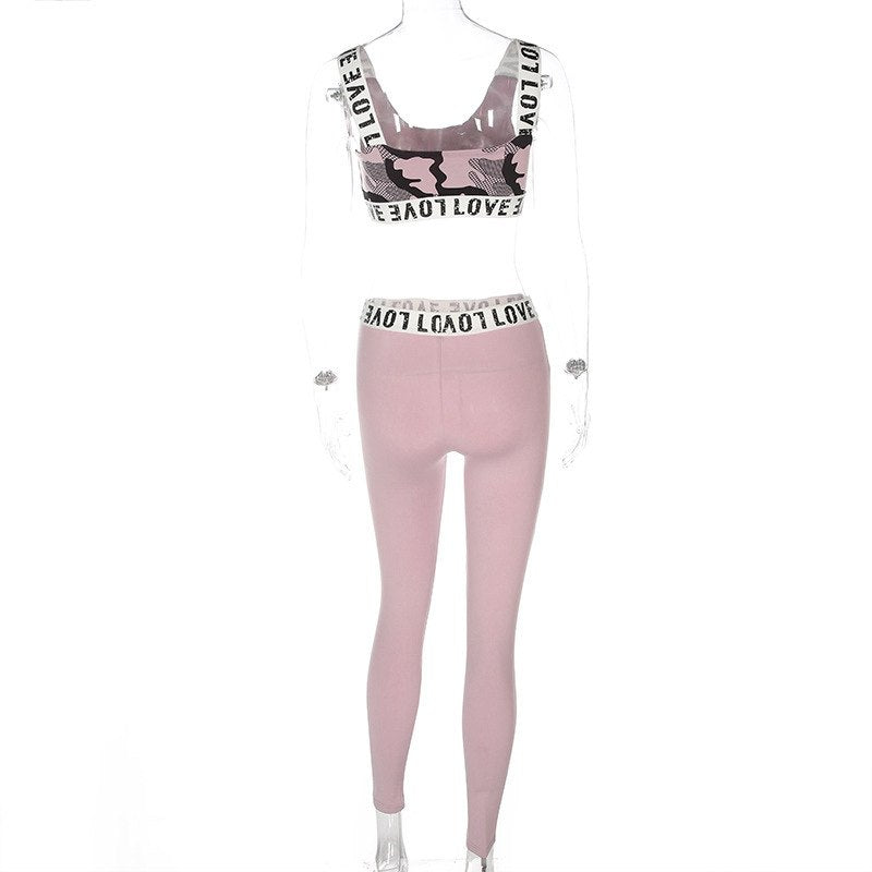 Women's Fitness Suits Pink Crop Tank Top Legging Pants 2 Pieces Set Fashion Female Sexy Camouflage Workout Tracksuit Summer Set - GabyFit Goods