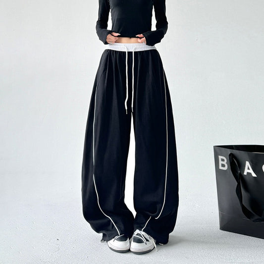 Retro black sports drape wide leg pants