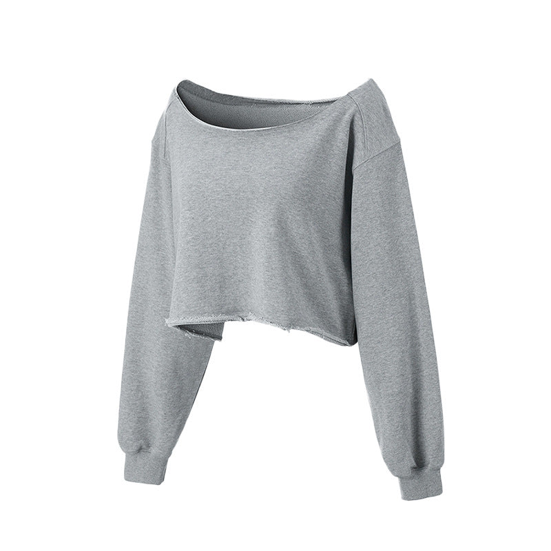 Short Hoodie Unique Design Spring and Autumn Casual One-Shoulder Loose Long Sleeve Sweatshirt Sports Off-the-Shoulder Top