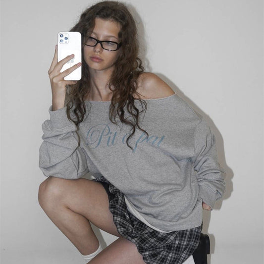 Sports Style Ins Retro Lazy Off-Shoulder Loose Casual Top Long Sleeve Versatile T-Shirt