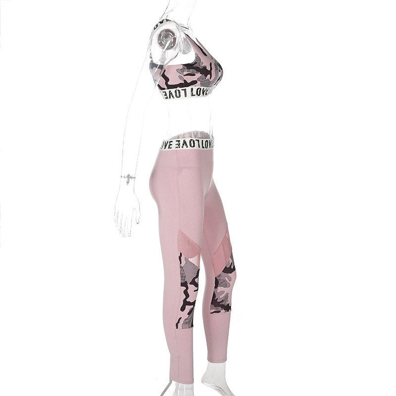 Women's Fitness Suits Pink Crop Tank Top Legging Pants 2 Pieces Set Fashion Female Sexy Camouflage Workout Tracksuit Summer Set - GabyFit Goods