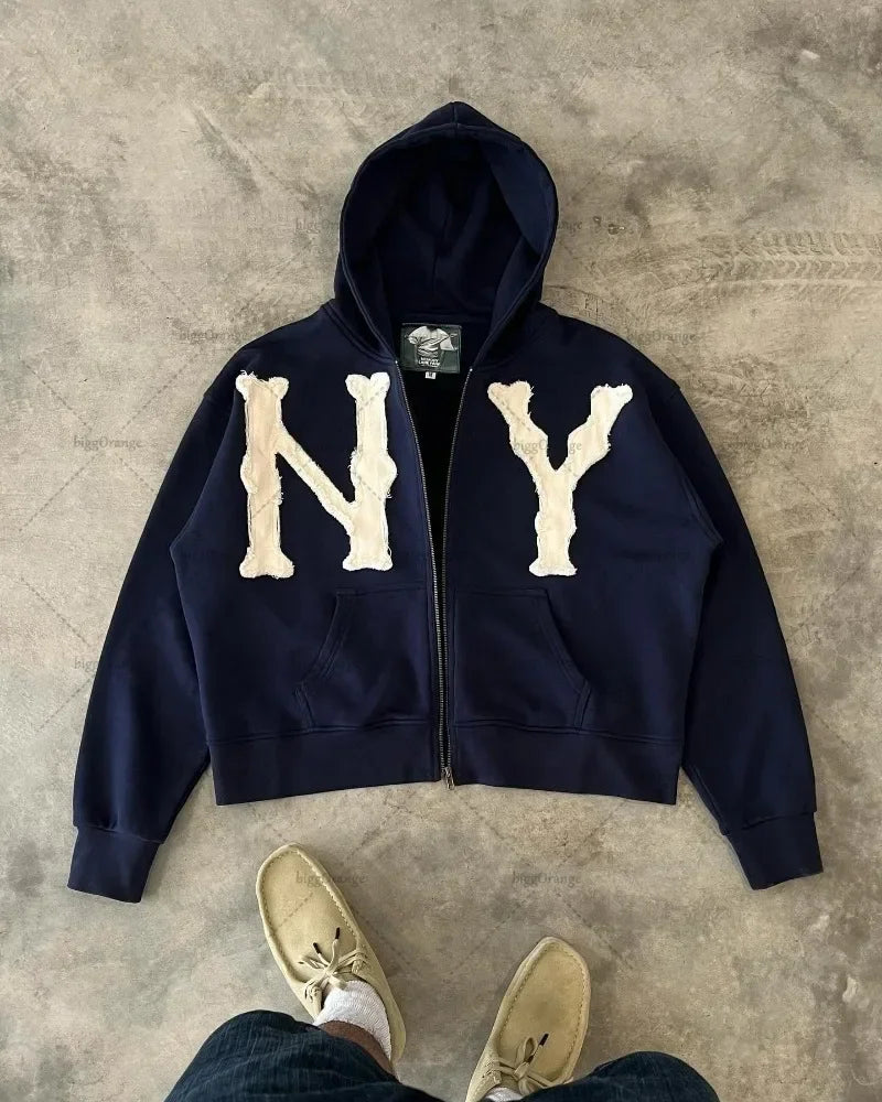 Hip-hop Trendy Clothing American Street Colorful Embroidered Zipper Hoodie Men Y2K Harajuku Retro All-match Oversized Jacket