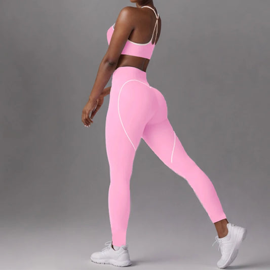 SVEIC Yoga Bra Set Contrasting Color Fitness Sports Suits High Waisted Leggings Sportswear Workout Running Training Gym Clothing