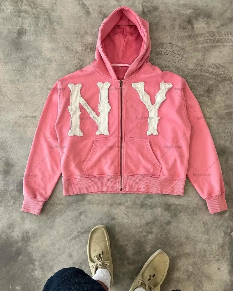 Hip-hop Trendy Clothing American Street Colorful Embroidered Zipper Hoodie Men Y2K Harajuku Retro All-match Oversized Jacket