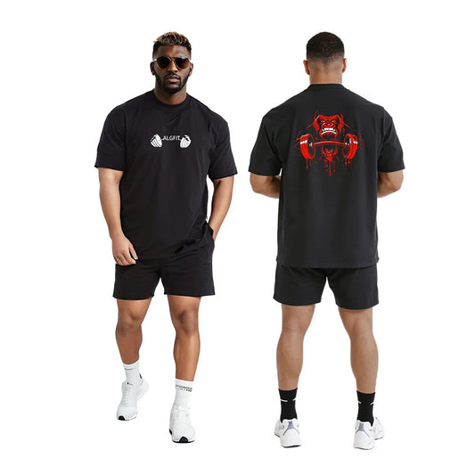 Men's Gym Fitness T-Shirt Summer 100% Cotton T-shirt Barbell Printing Short Sleeves Oversized Running Bodybuilding Sports Wear