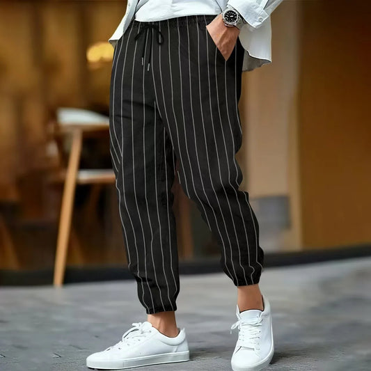 Spring and summer men's fashionable cotton and linen striped casual tapered pants, commuter sports breathable street pants