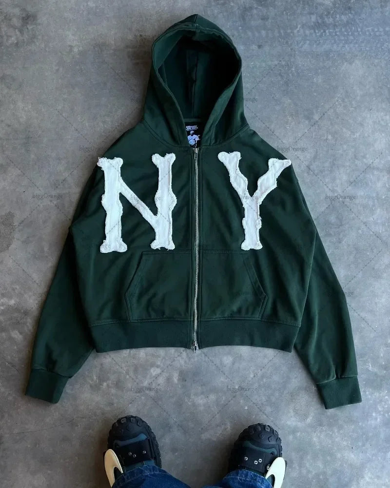 Hip-hop Trendy Clothing American Street Colorful Embroidered Zipper Hoodie Men Y2K Harajuku Retro All-match Oversized Jacket