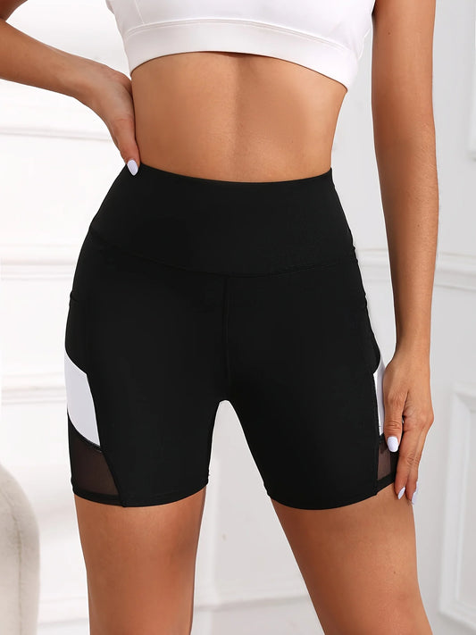 Women's High Waisted Mesh Colorblocked Yoga Shorts with Pockets Tummy Tuck Exercise Shorts
