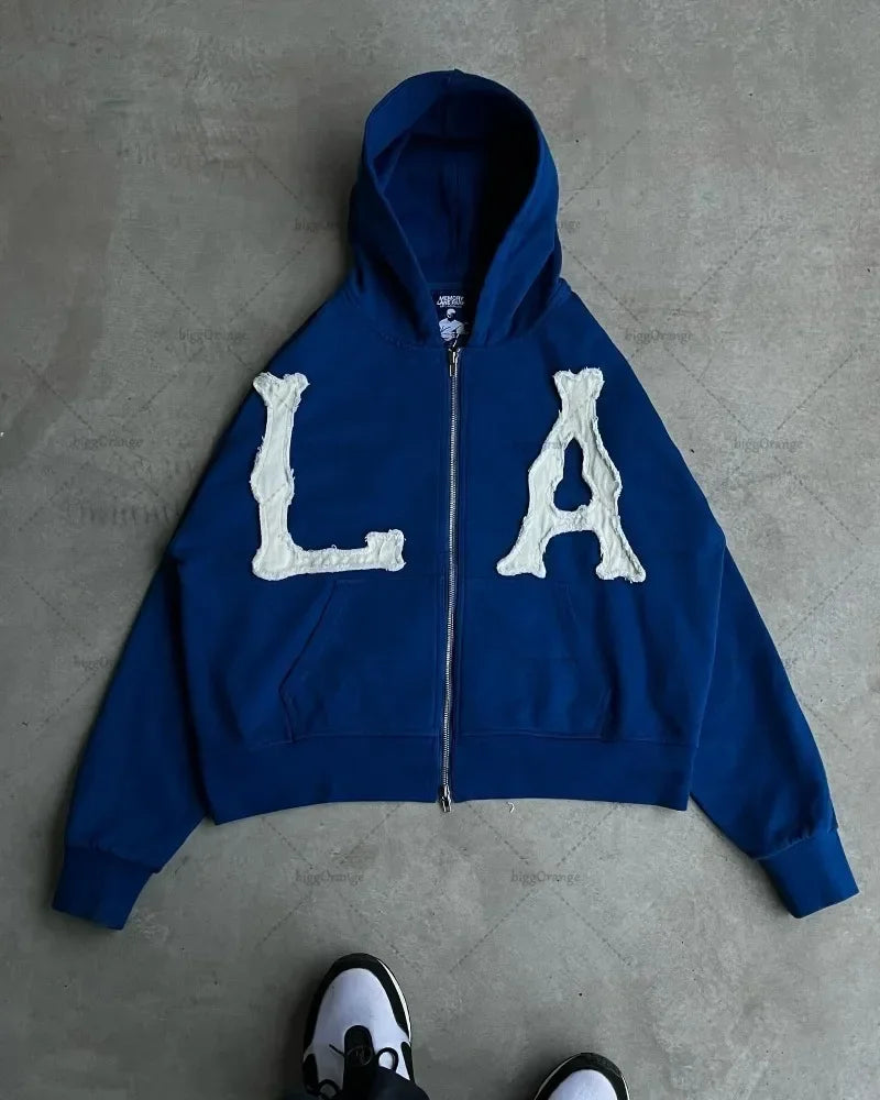 Hip-hop Trendy Clothing American Street Colorful Embroidered Zipper Hoodie Men Y2K Harajuku Retro All-match Oversized Jacket