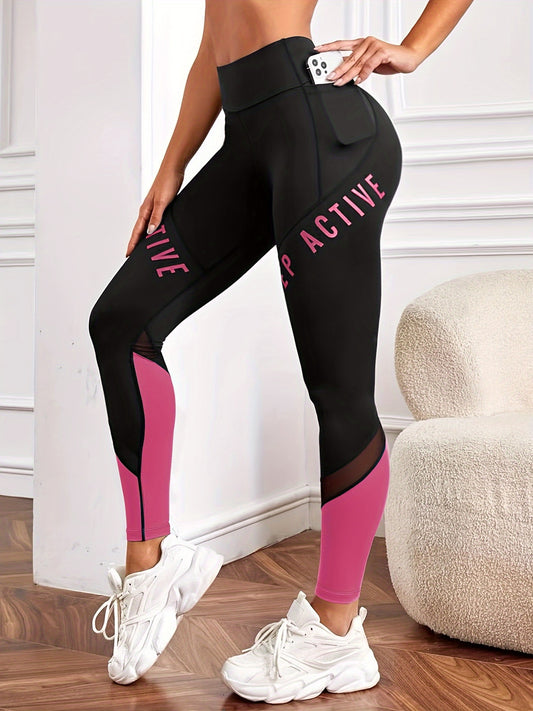 Women's High Waist Pocket Color-block Letter Print Casual Sports Skinny Yoga Leggings, Women's Sportswear & Clothing