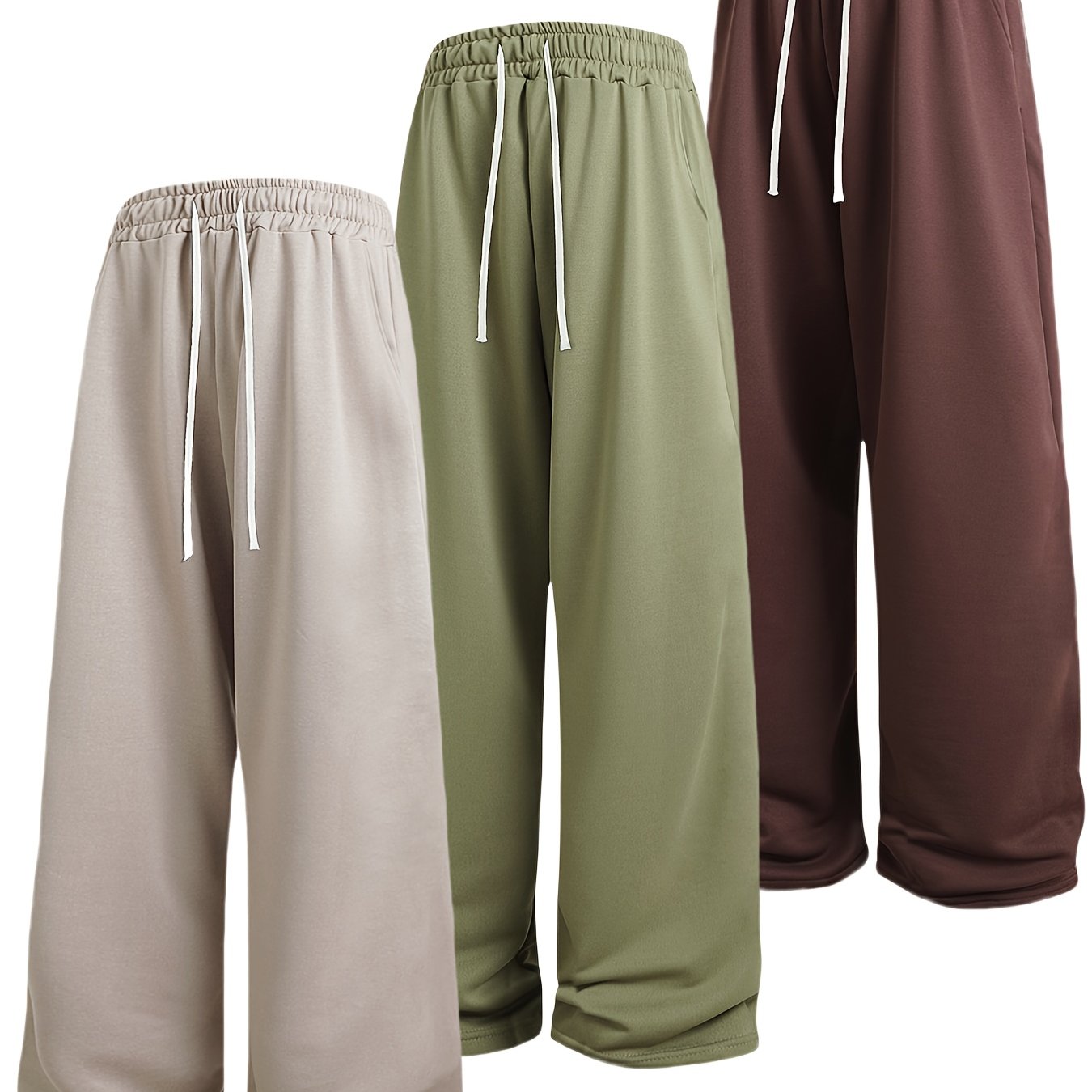 A Set of Three Solid Color Men'S Loose Straight-Leg Long Pants, Suitable for Spring And Autumn Fitness Activities - Made from Soft, Slightly Stretchy Knitted Fabric, Featuring a Drawstring Waist, Ideal for Outdoor Leisure And