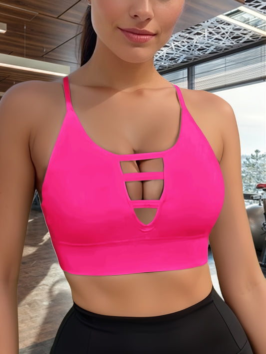 Front Hollow Out High Elastic Sports Bra, High Intensity Shockproof Seamless Fitness Tank Top, Backless Breathable Yoga Bra