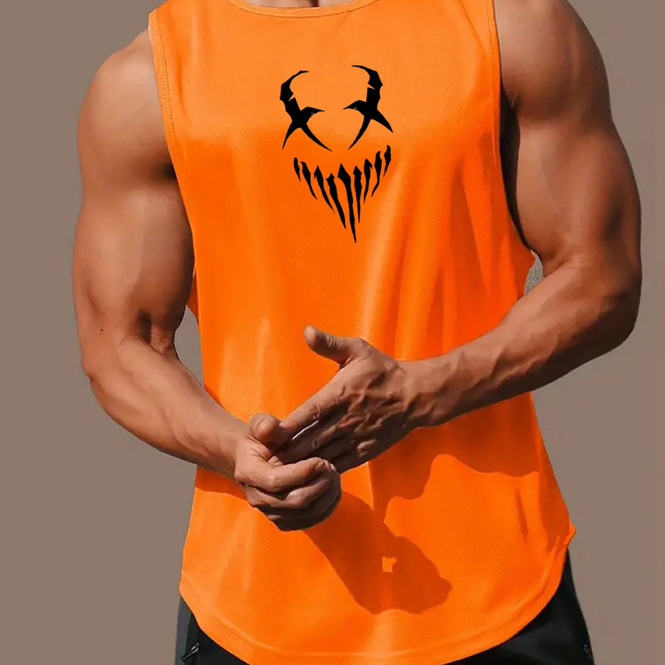 Devil Face Pattern Comfy Breathable Tank Top, Men's Casual Stretch Sleeveless T-shirt For Summer Gym Workout Training Basketball