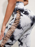 Women's High Waist Cut-Out Yoga Pants, Seamless Tie-Dye Hollow Out Hip Lift Fitness Leggings, Breathable Stretchy Workout Capris, Mature Style