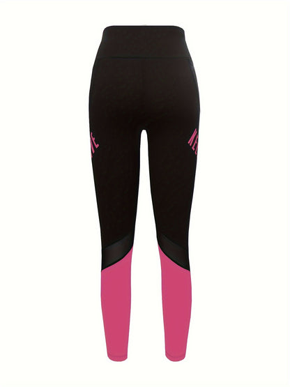 Women's High Waist Pocket Color-block Letter Print Casual Sports Skinny Yoga Leggings, Women's Sportswear & Clothing