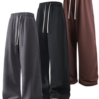 A Set of Three Solid Color Men'S Loose Straight-Leg Long Pants, Suitable for Spring And Autumn Fitness Activities - Made from Soft, Slightly Stretchy Knitted Fabric, Featuring a Drawstring Waist, Ideal for Outdoor Leisure And