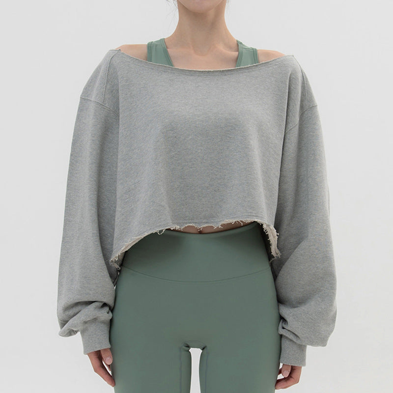 Short Hoodie Unique Design Spring and Autumn Casual One-Shoulder Loose Long Sleeve Sweatshirt Sports Off-the-Shoulder Top