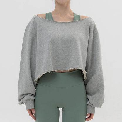 Short Hoodie Unique Design Spring and Autumn Casual One-Shoulder Loose Long Sleeve Sweatshirt Sports Off-the-Shoulder Top