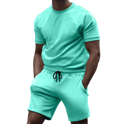 Summer men's short sleeved sports and leisure patchwork round neck fitness suit