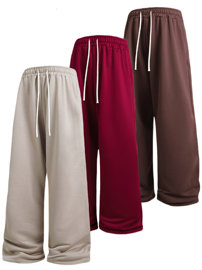 A Set of Three Solid Color Men'S Loose Straight-Leg Long Pants, Suitable for Spring And Autumn Fitness Activities - Made from Soft, Slightly Stretchy Knitted Fabric, Featuring a Drawstring Waist, Ideal for Outdoor Leisure And