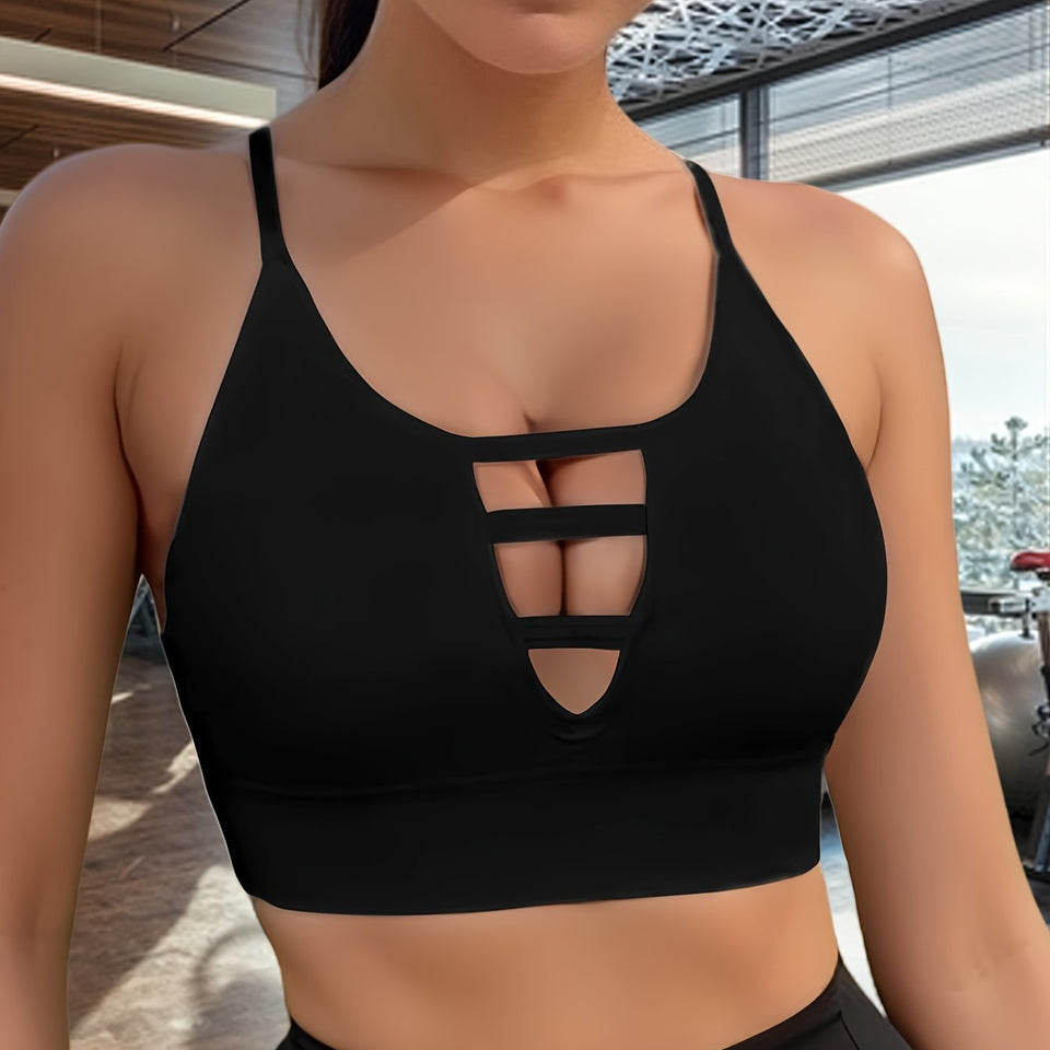 Front Hollow Out High Elastic Sports Bra, High Intensity Shockproof Seamless Fitness Tank Top, Backless Breathable Yoga Bra