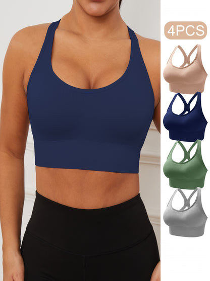 4pcs EssElegance Seamless Sports Bras for Women - Adjustable, Comfortable & Breathable with Crisscross Back Straps, Shockproof Support for Yoga & Workouts in Navy, Beige, Gray, & Green