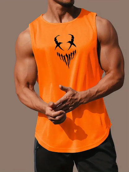 Devil Face Pattern Comfy Breathable Tank Top, Men's Casual Stretch Sleeveless T-shirt For Summer Gym Workout Training Basketball