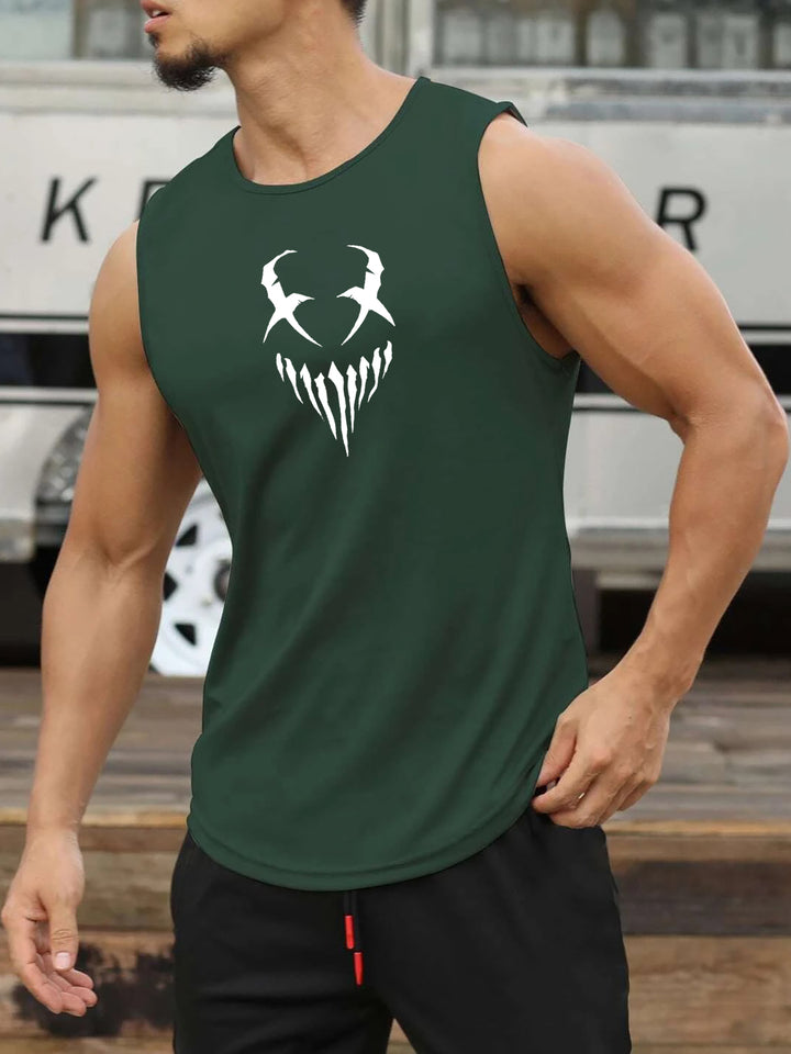 Devil Face Pattern Comfy Breathable Tank Top, Men's Casual Stretch Sleeveless T-shirt For Summer Gym Workout Training Basketball