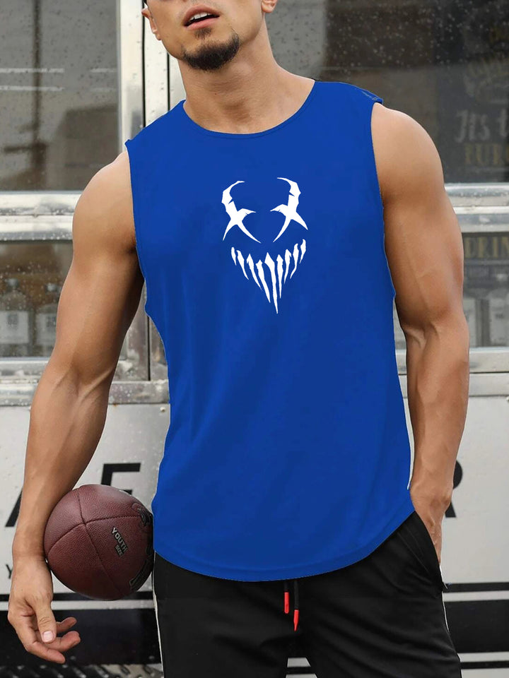 Devil Face Pattern Comfy Breathable Tank Top, Men's Casual Stretch Sleeveless T-shirt For Summer Gym Workout Training Basketball