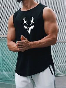 Devil Face Pattern Comfy Breathable Tank Top, Men's Casual Stretch Sleeveless T-shirt For Summer Gym Workout Training Basketball