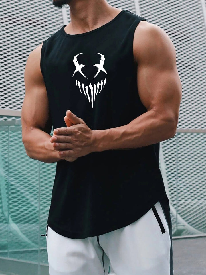 Devil Face Pattern Comfy Breathable Tank Top, Men's Casual Stretch Sleeveless T-shirt For Summer Gym Workout Training Basketball