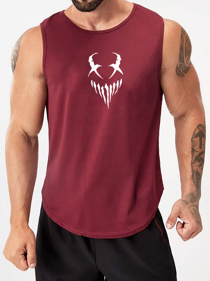 Devil Face Pattern Comfy Breathable Tank Top, Men's Casual Stretch Sleeveless T-shirt For Summer Gym Workout Training Basketball