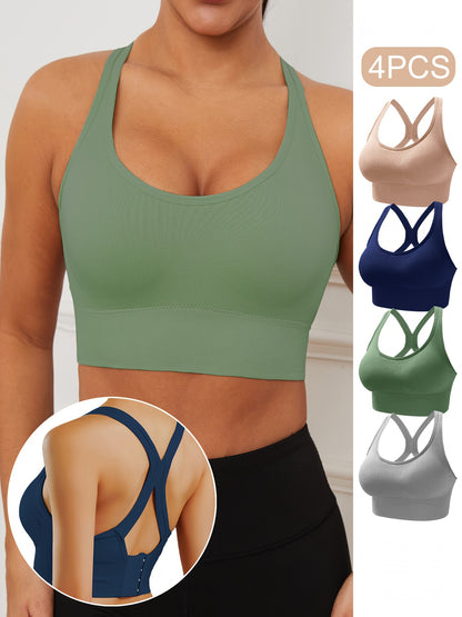 4pcs EssElegance Seamless Sports Bras for Women - Adjustable, Comfortable & Breathable with Crisscross Back Straps, Shockproof Support for Yoga & Workouts in Navy, Beige, Gray, & Green