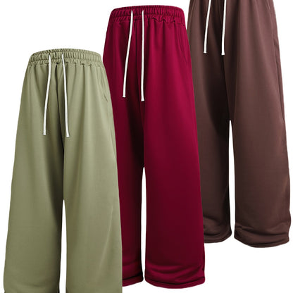 A Set of Three Solid Color Men'S Loose Straight-Leg Long Pants, Suitable for Spring And Autumn Fitness Activities - Made from Soft, Slightly Stretchy Knitted Fabric, Featuring a Drawstring Waist, Ideal for Outdoor Leisure And