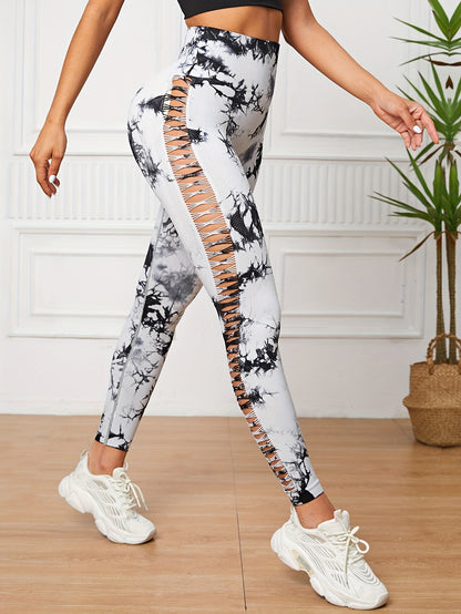 Women's High Waist Cut-Out Yoga Pants, Seamless Tie-Dye Hollow Out Hip Lift Fitness Leggings, Breathable Stretchy Workout Capris, Mature Style