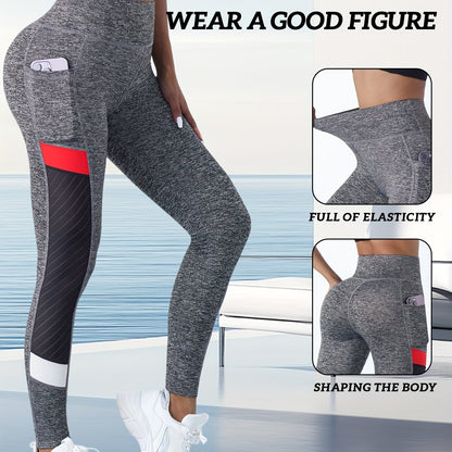 High Waist Pocketed Yoga Leggings, Polyester and Spandex Blend, Solid Color Sports Jegging with High Stretch, No Belt Design