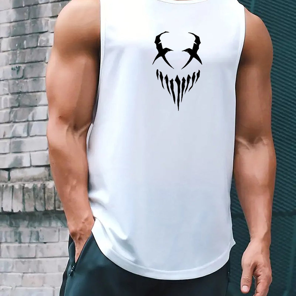 Devil Face Pattern Comfy Breathable Tank Top, Men's Casual Stretch Sleeveless T-shirt For Summer Gym Workout Training Basketball