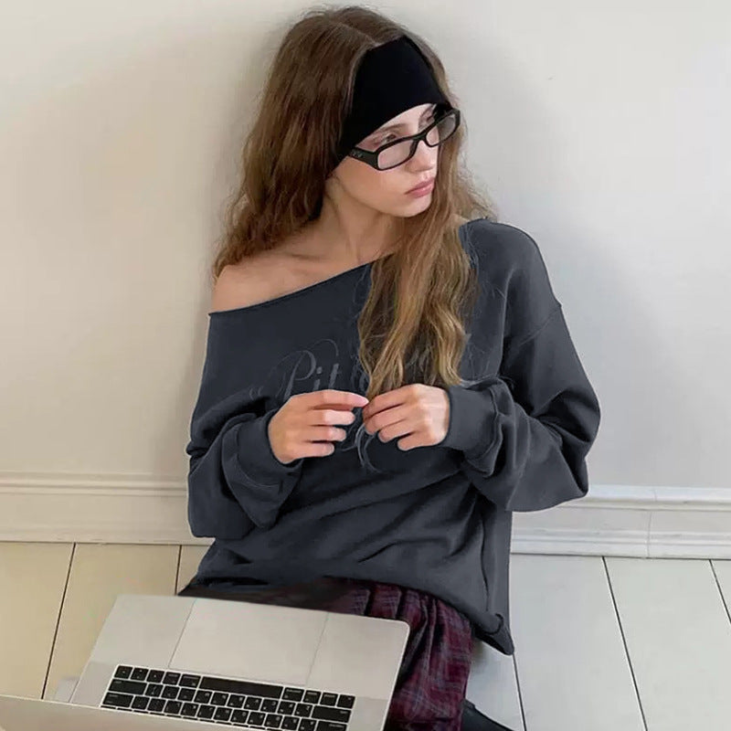 Sports Style Ins  Retro Lazy Off-Shoulder Loose Casual Top Long Sleeve Versatile T-Shirt