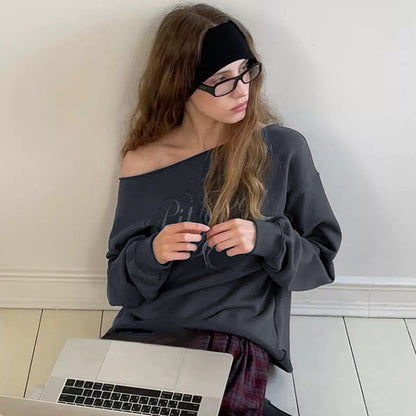 Sports Style Ins  Retro Lazy Off-Shoulder Loose Casual Top Long Sleeve Versatile T-Shirt